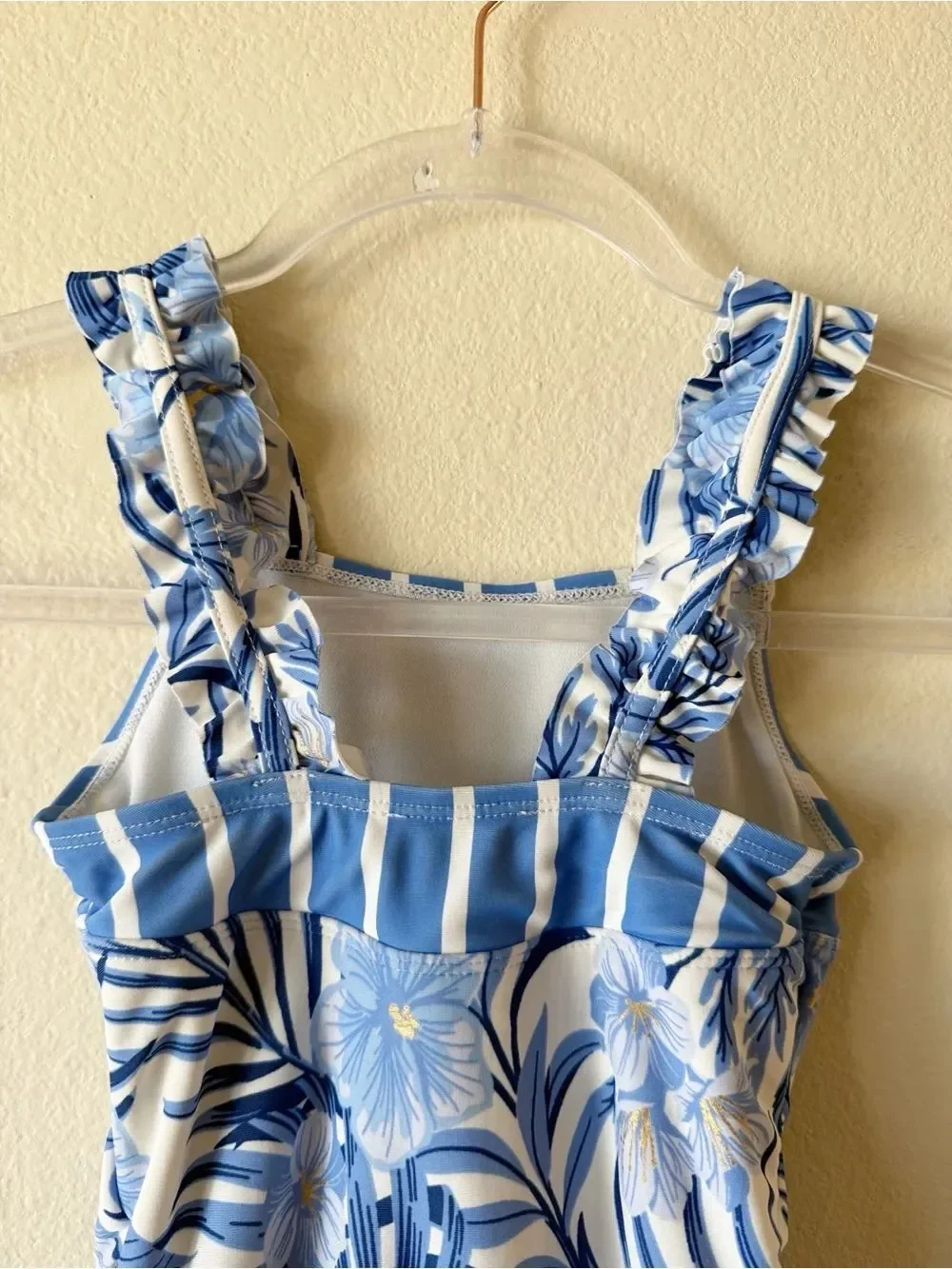 Tommy Bahama Girls Blue Tropical Floral Ruffle One Piece Swimsuit